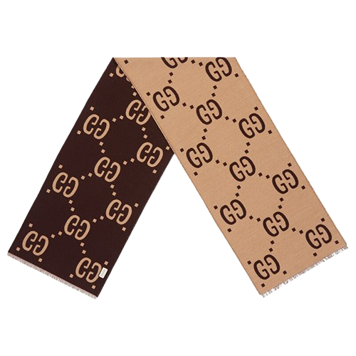 GUCCI｜雙G提花 羊毛圍巾 棕色/米色
