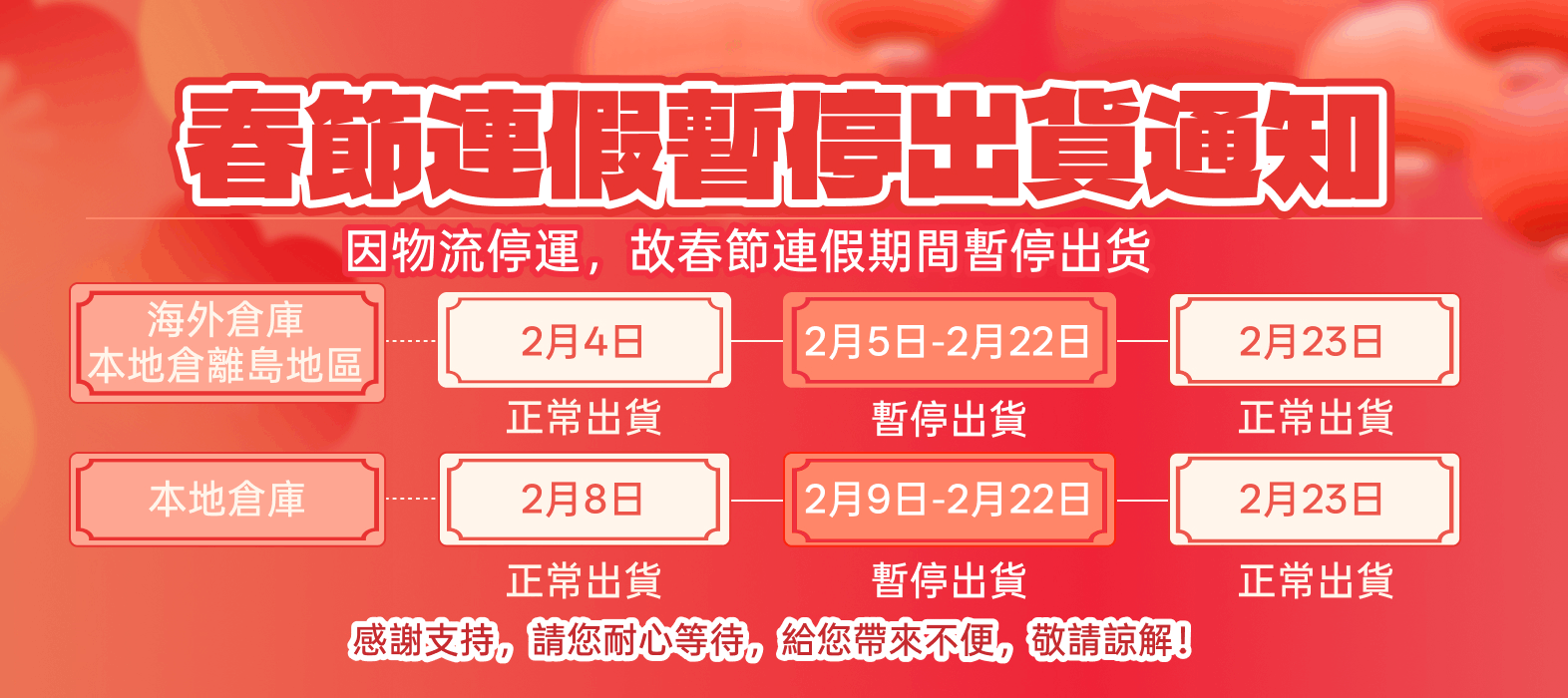 2/5-2/22 物流停运通知